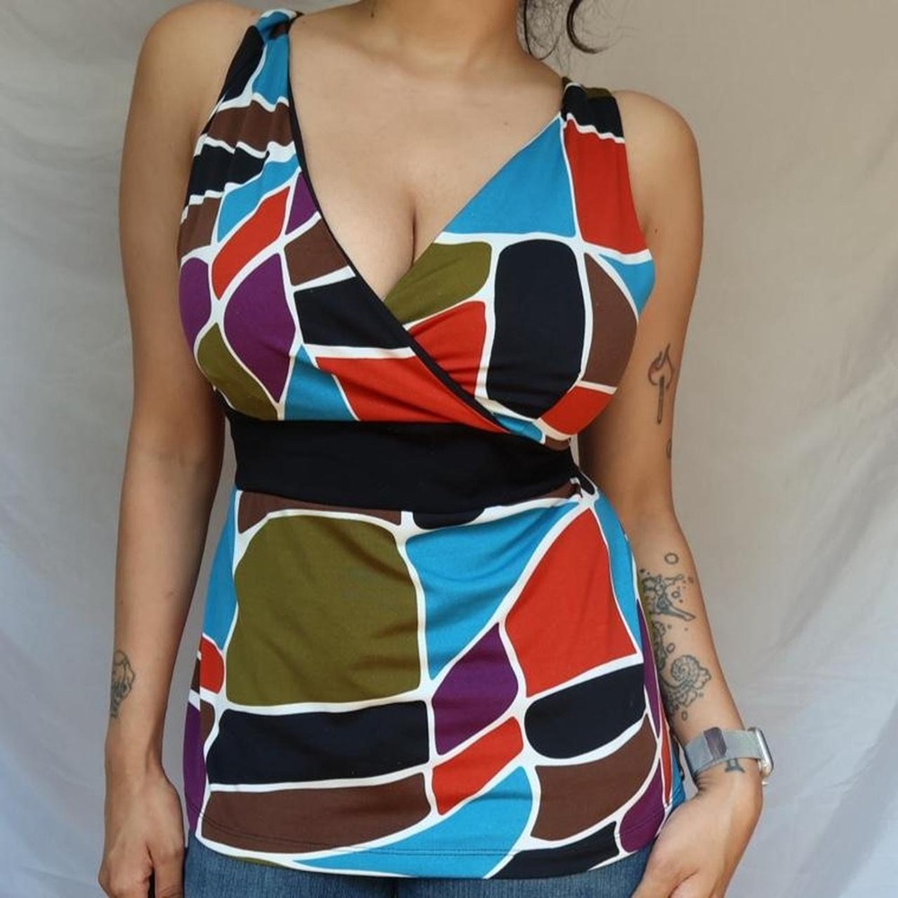Abstract Geometric Cross Back Babydoll Top